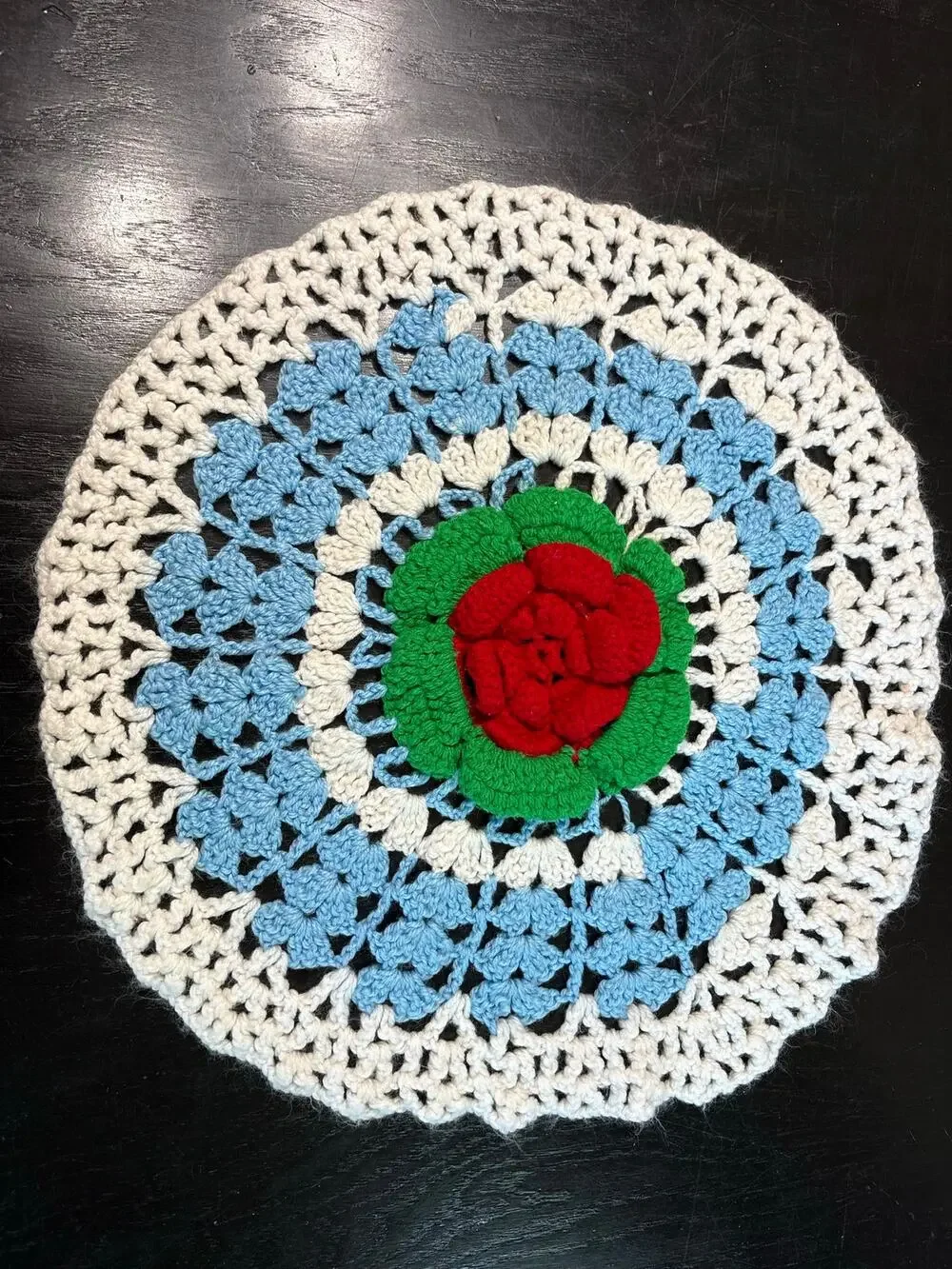 Vintage Crochet- Large Cottagecore Doily table covering White Blue Red rose- 16